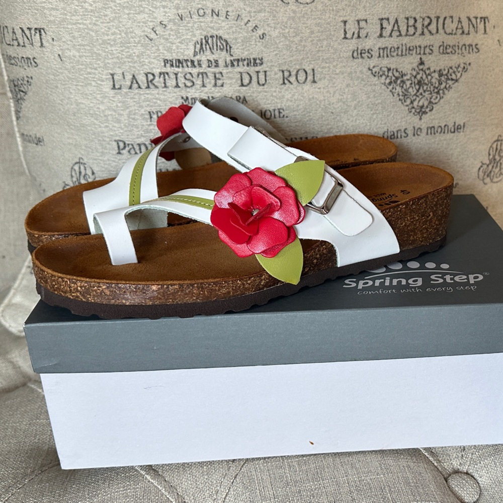 Spring Step White Leather Slide Sandals with Red Floral Accent